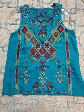 Johnny Was Embroidered Turquoise Sleeveless linen Top